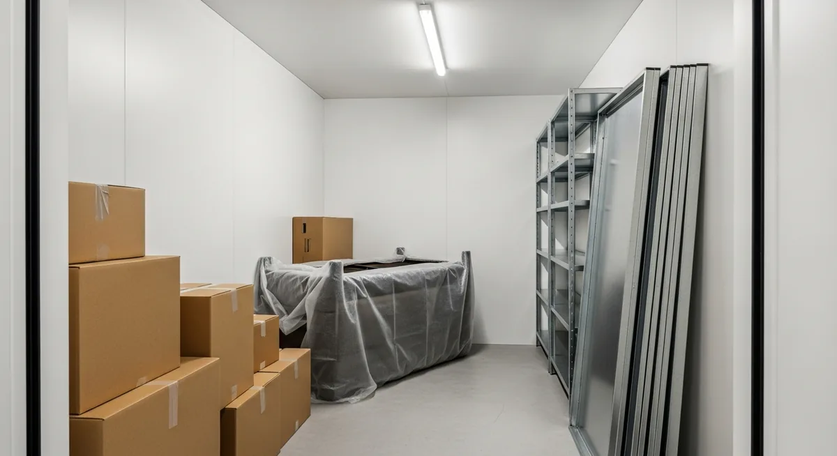 Intérieur d'un box de stockage loué pendant des travaux de rénovation avec cartons et meubles protégés