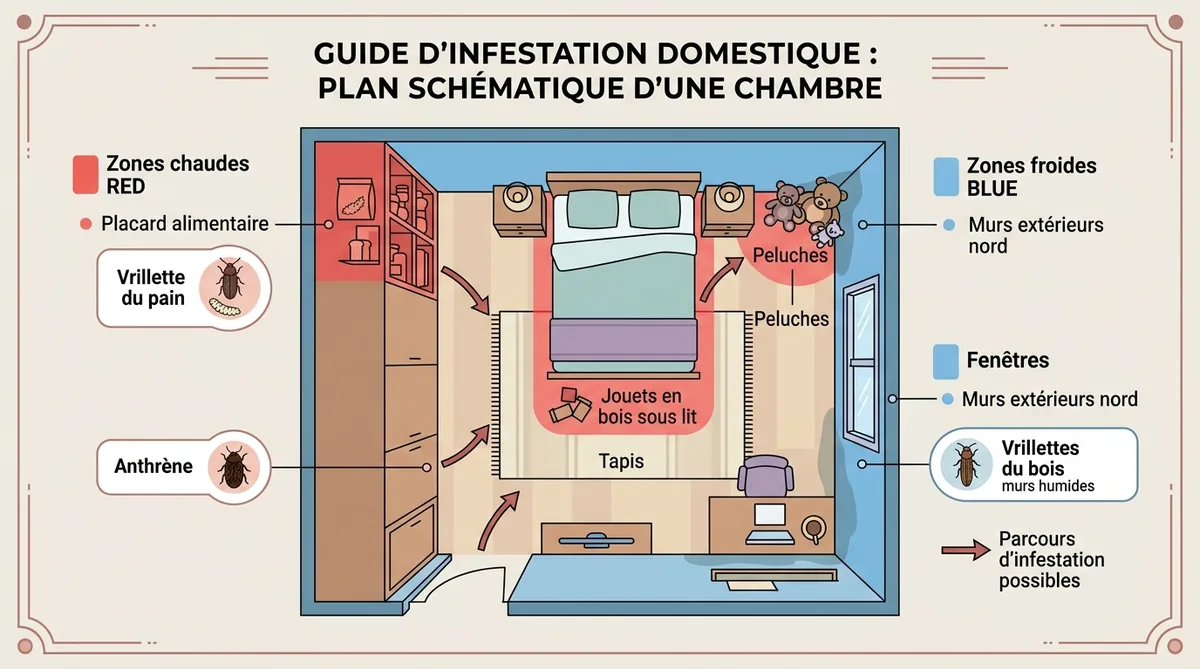 Plan chambre zones infestation insectes marron placard lit humidité