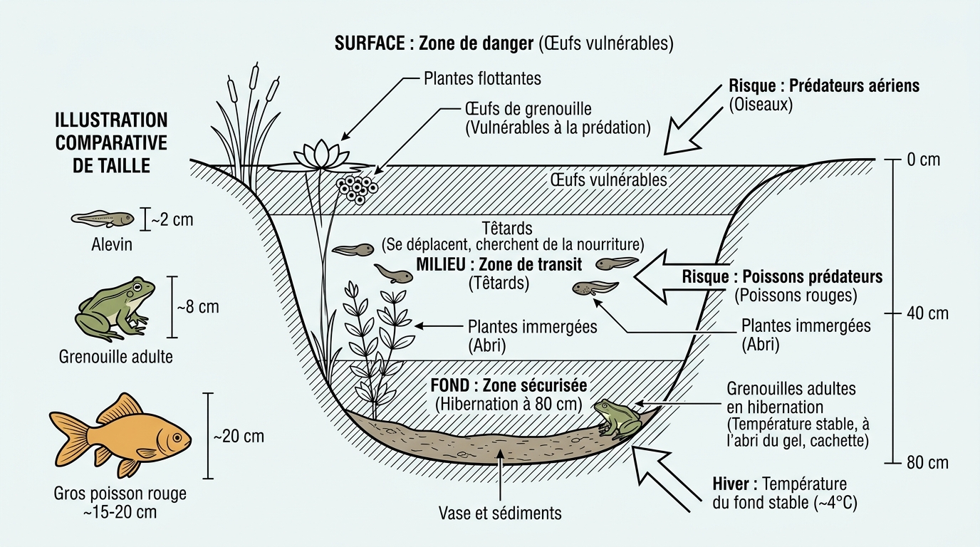 Schema cohabitation bassin grenouilles poissons profondeur securite