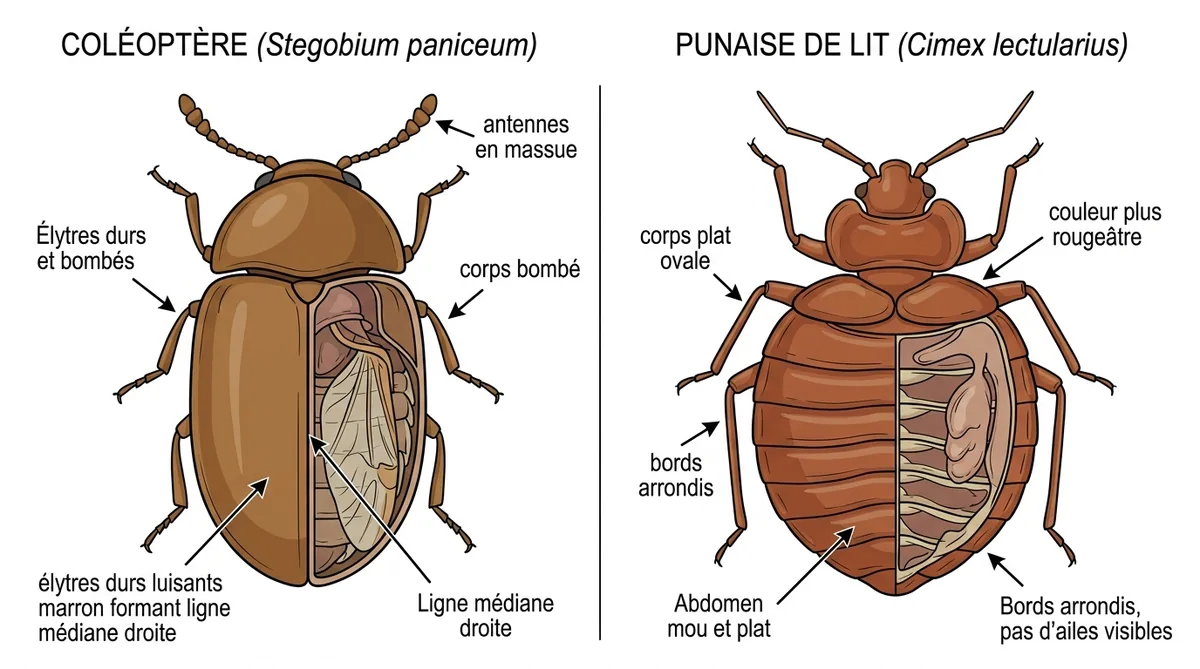 Schéma comparaison coléoptère marron vs punaise de lit élytres corps plat