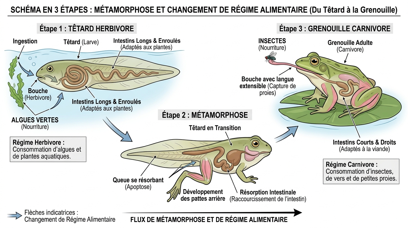 Schéma évolution alimentaire têtard à grenouille carnivore