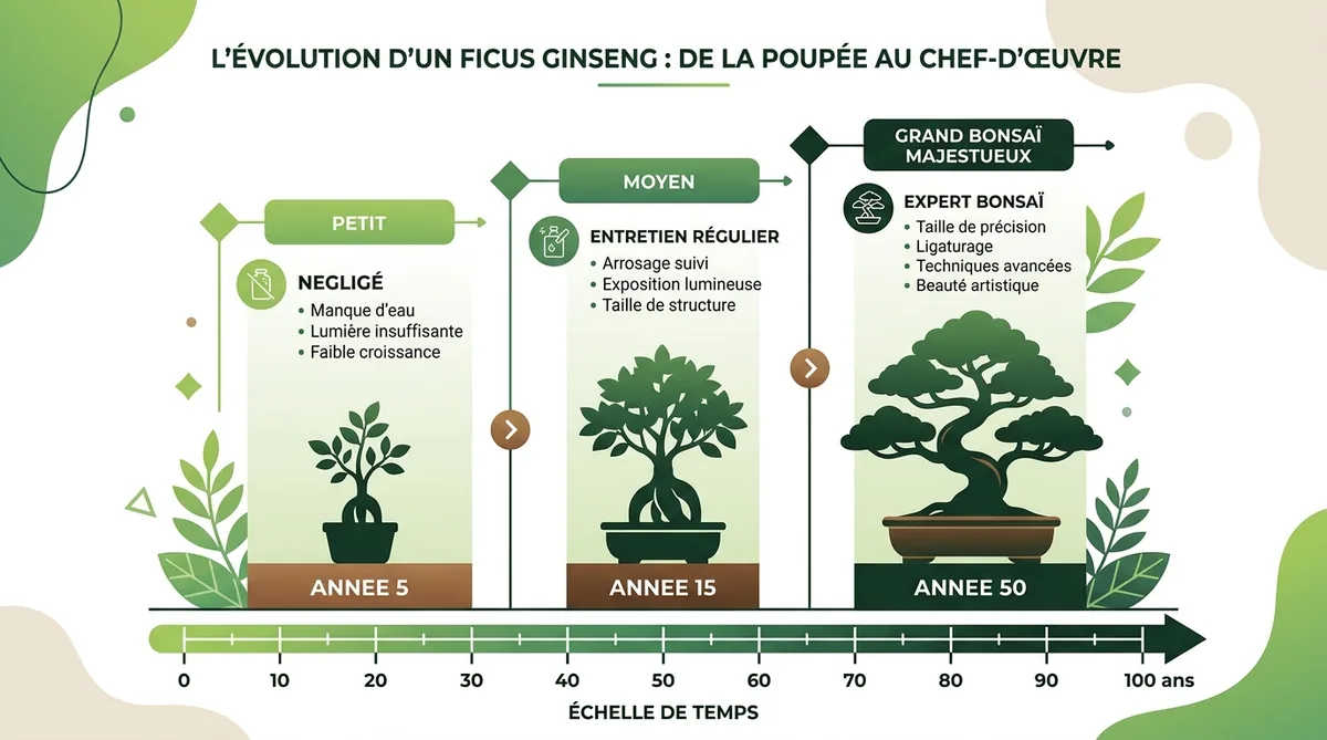 Infographie durée de vie ficus ginseng selon niveau d'entretien débutant à expert