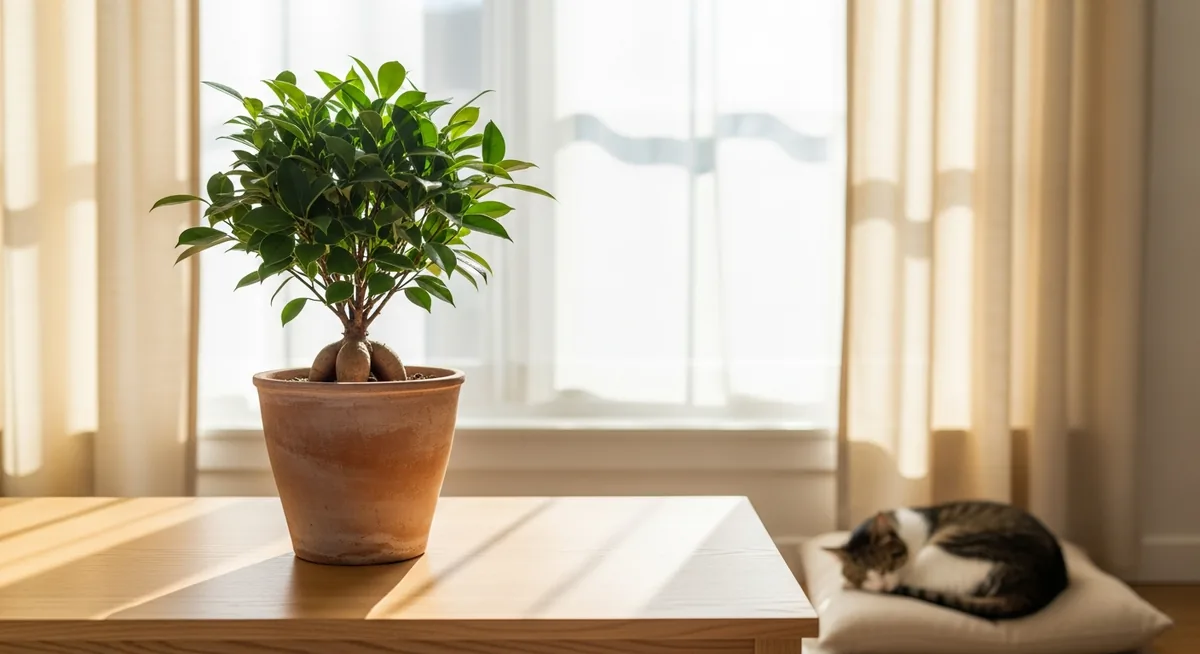 Ficus ginseng bien placé intérieur lumière indirecte fenêtre salon