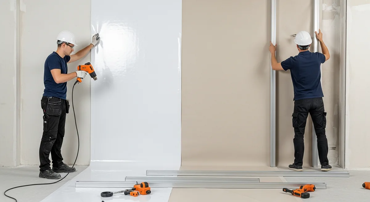 Ouvriers posant plafond tendu PVC à chaud et polyester à froid