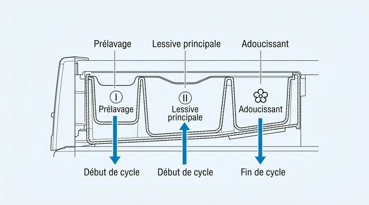 Schéma distributeur lave-linge symboles I II fleur compartiments