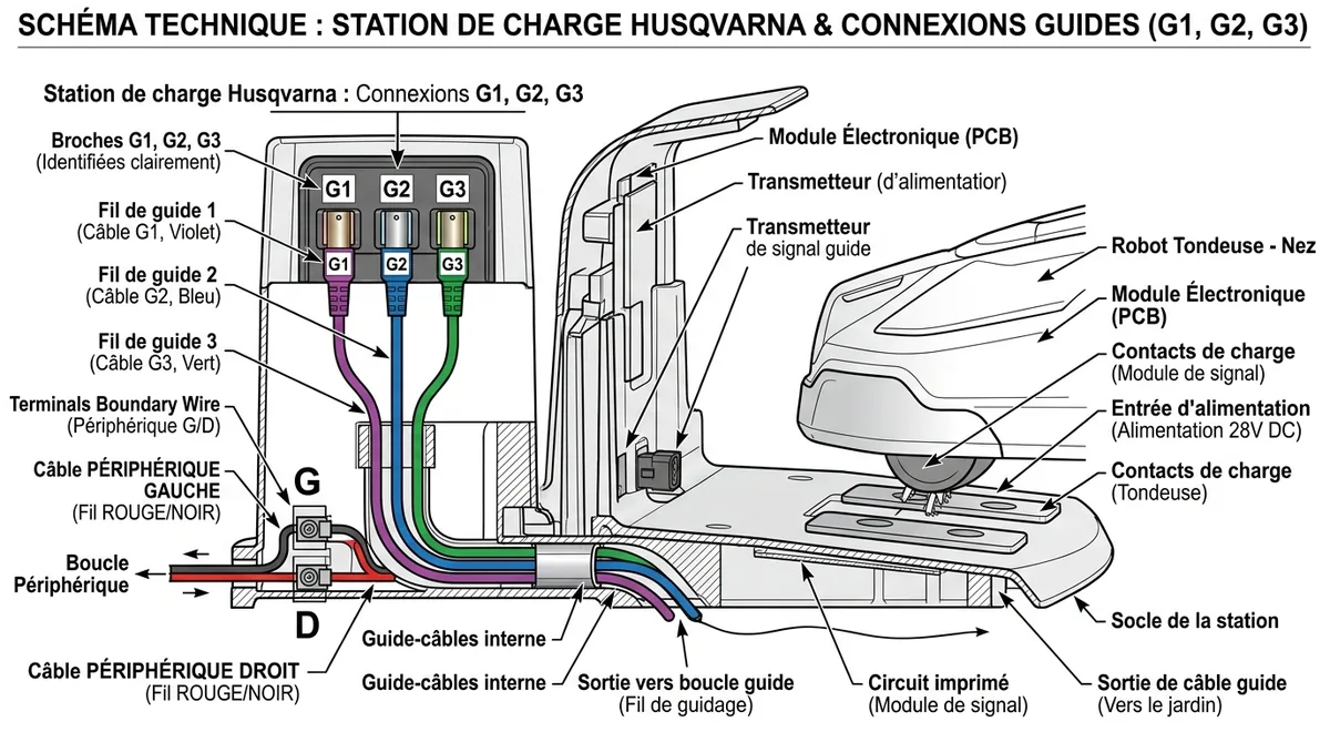 Schéma station charge robot tondeuse broches G1 G2 G3