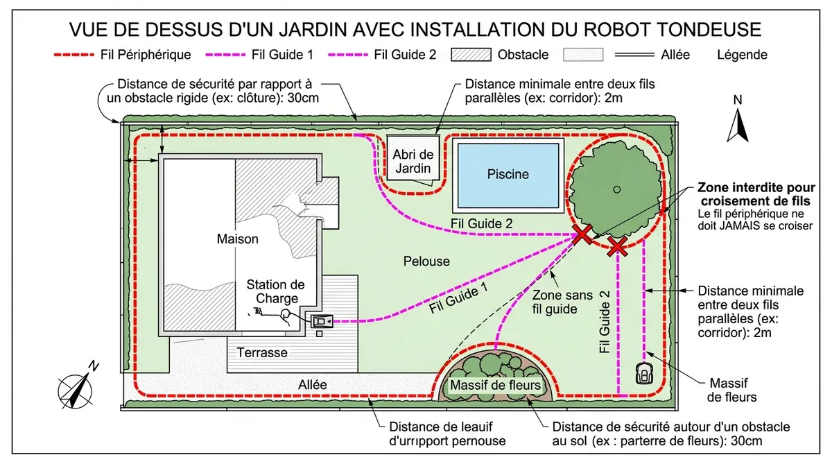 Schéma placement fils guide robot tondeuse distances sécurité