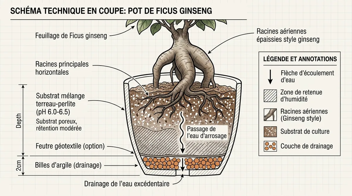 Schéma technique coupe pot ficus ginseng drainage substrat et racines