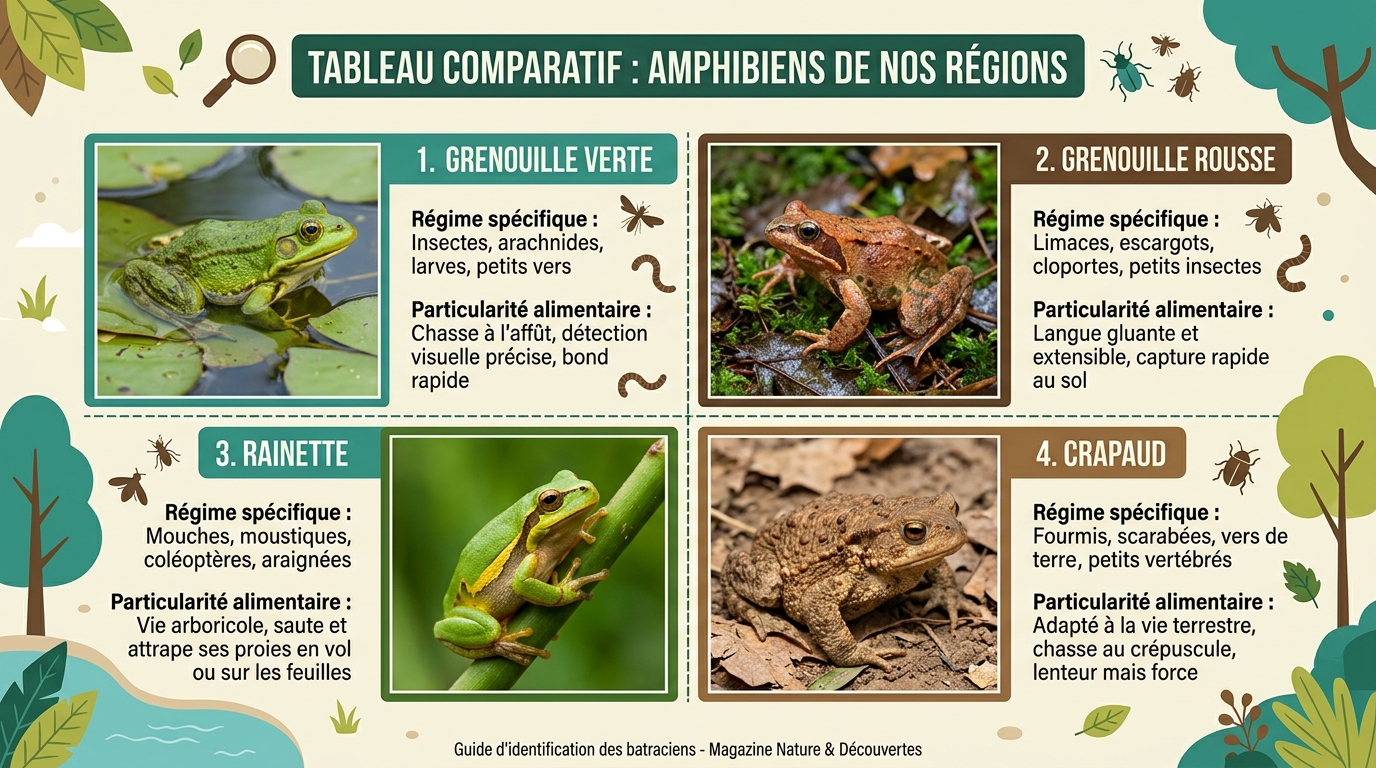 Tableau comparatif grenouille verte rousse rainette crapaud alimentation