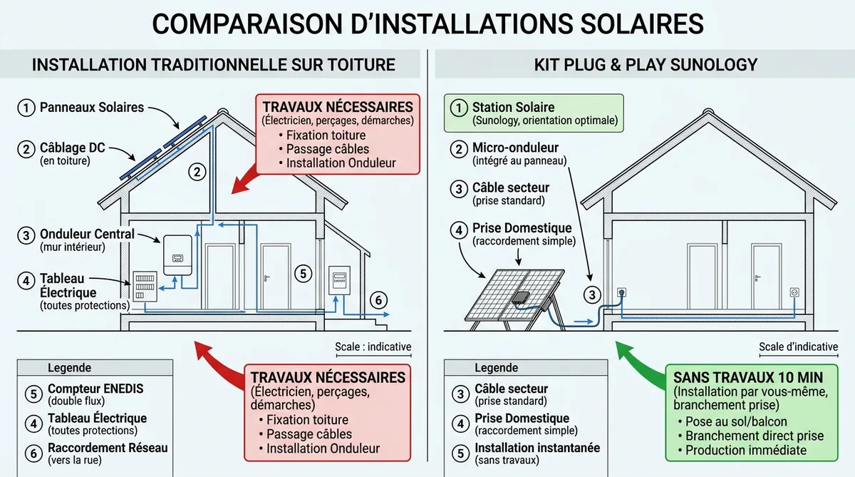Schéma différence installation solaire toiture vs kit plug and play prise
