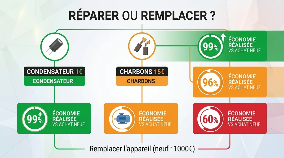 Infographie coût réparation condensateur robot piscine versus remplacement