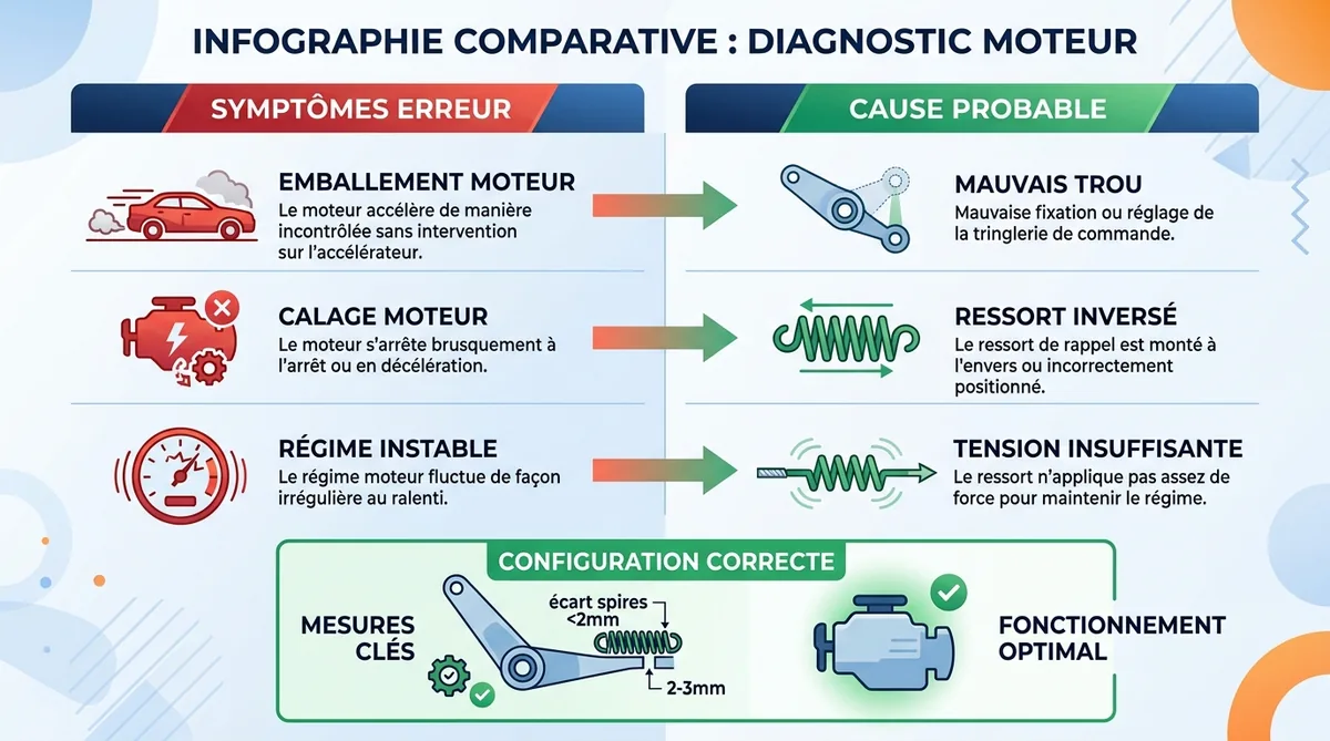 Infographie diagnostic erreurs montage ressort régulateur moteur