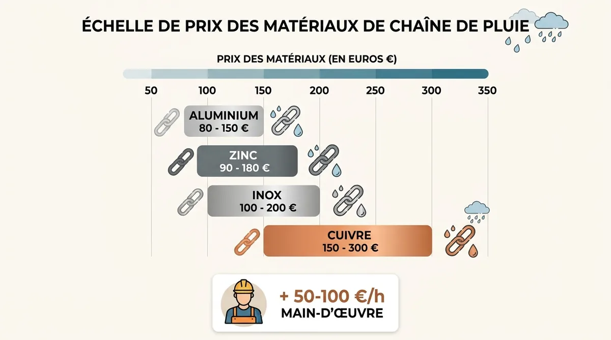 Infographie prix chaîne de pluie selon matériau aluminium zinc inox cuivre 2026
