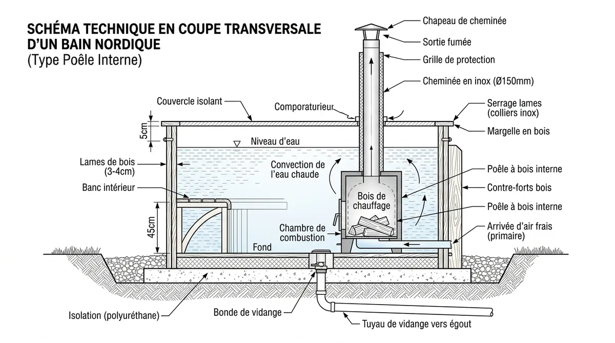 Schéma technique coupe transversale bain nordique bois et système chauffage