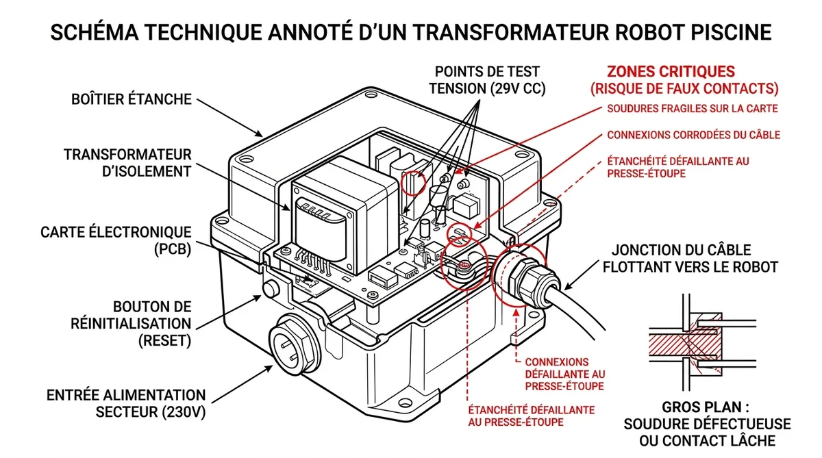 Schéma test tension transformateur robot piscine 29V