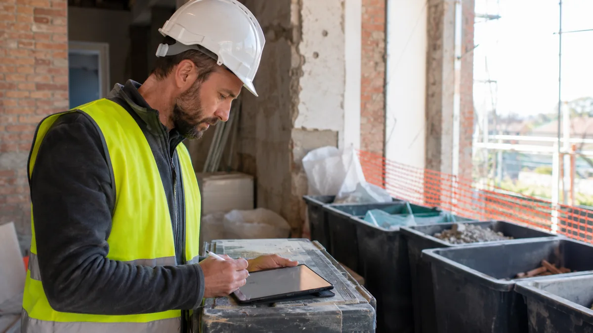 Conducteur de travaux vérifiant une checklist de conformité sur chantier