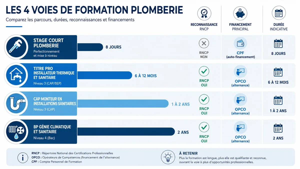 Comparatif visuel des durées des formations plomberie CAP BP titre pro
