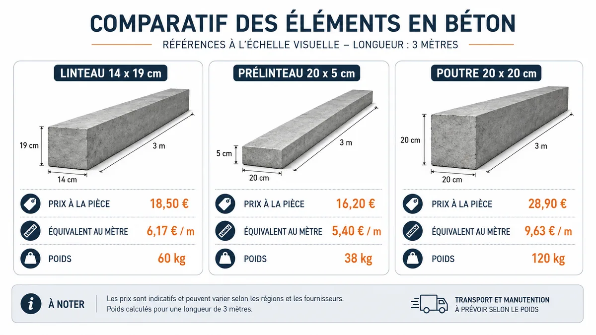 Comparatif prix linteaux béton de trois mètres