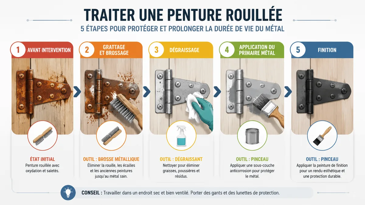 Étapes de rénovation et peinture d'une ferrure de volet rouillée