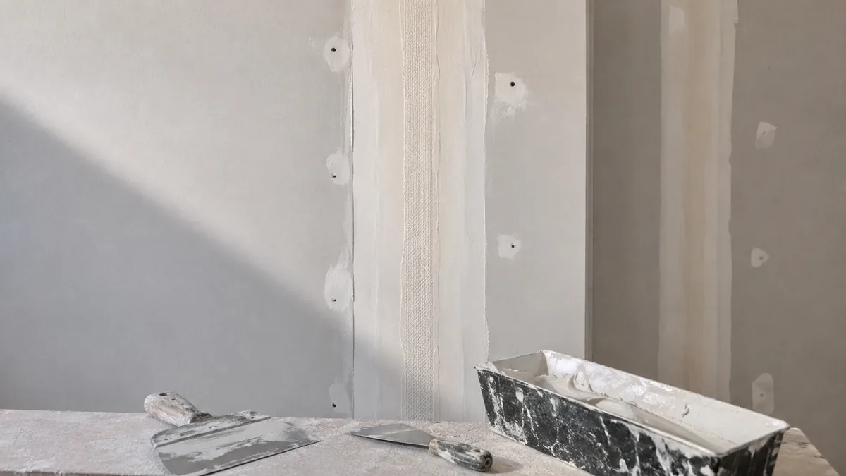 Finition d'une plaque de plâtre avec bande à joint