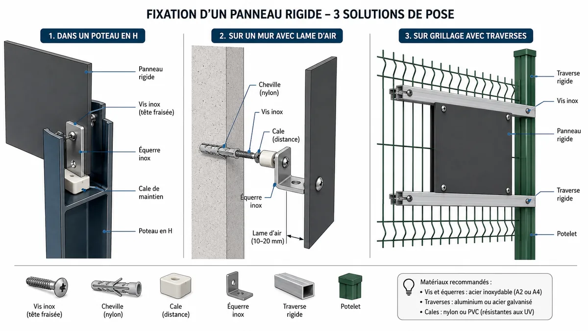 Fixations panneau bois sur poteau mur grillage