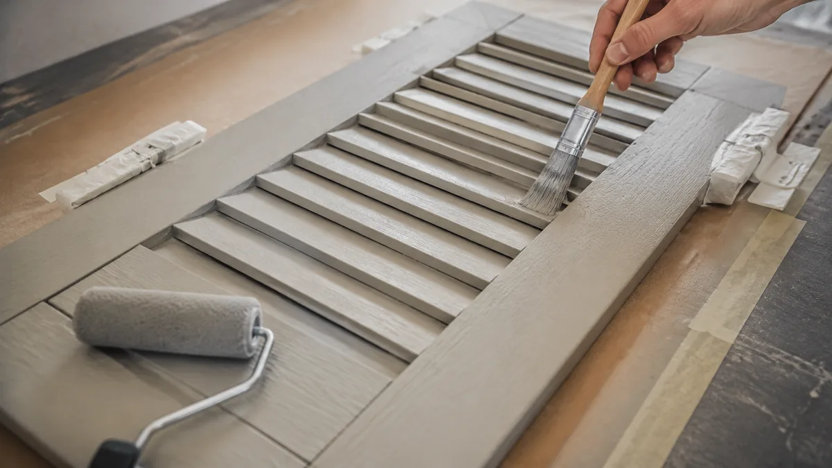 Pinceau et mini-rouleau appliquant une peinture sur volet bois
