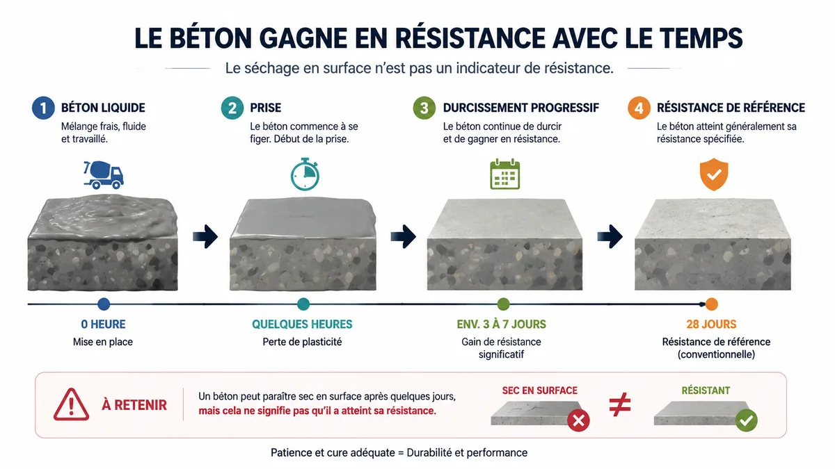 Frise des étapes de prise et durcissement du béton