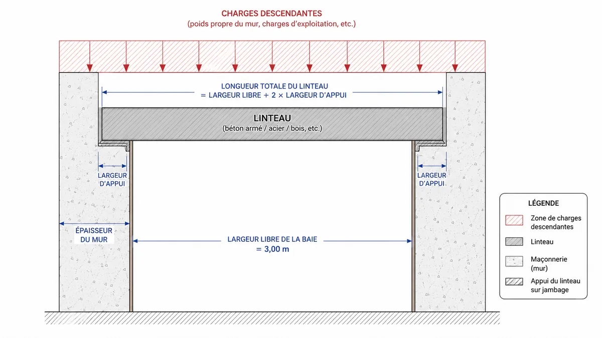 Schéma des appuis d'un linteau pour baie de trois mètres