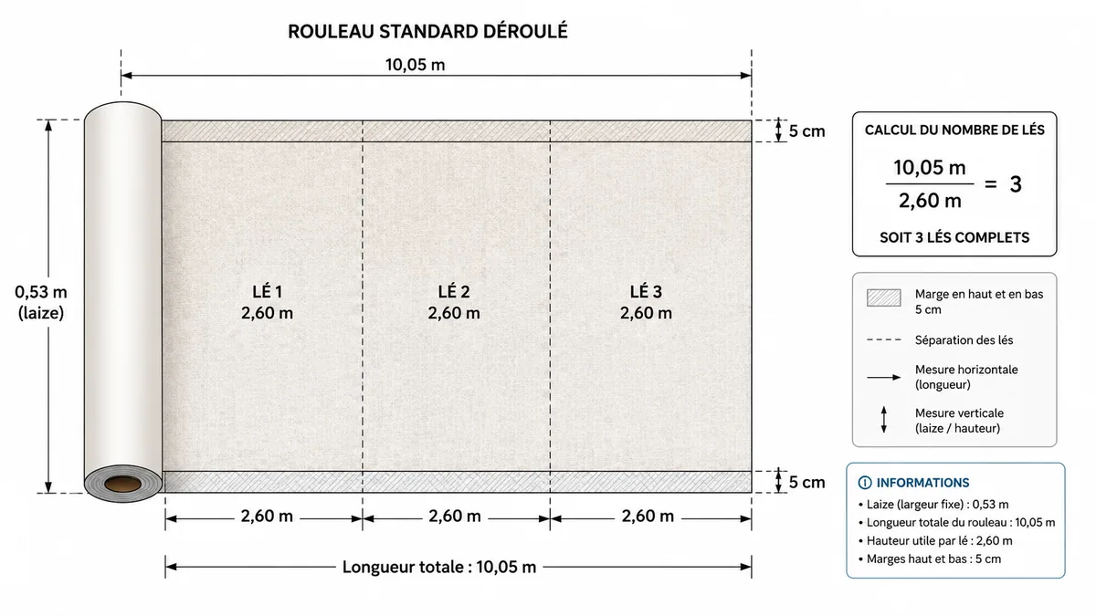Schéma de calcul des lés dans un rouleau de papier peint