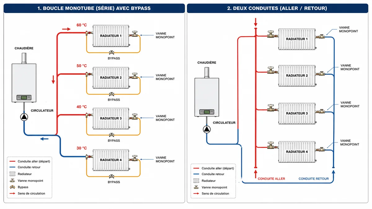 Schéma comparatif chauffage monotube et bitube avec bypass