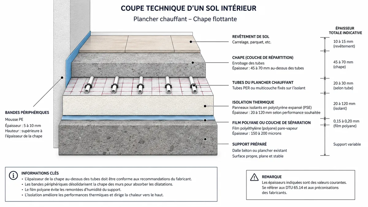 Coupe annotée des couches d'une chape béton