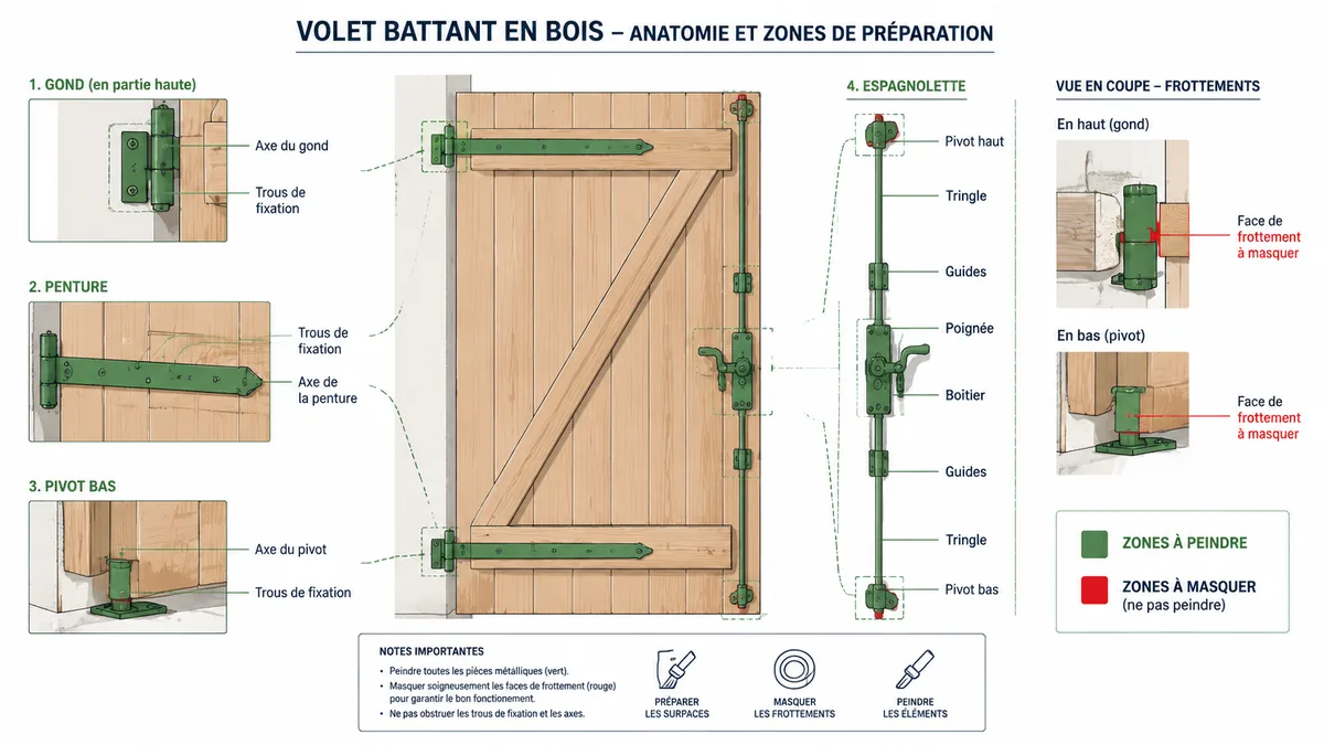 Schéma annoté des ferrures et zones mécaniques d'un volet bois