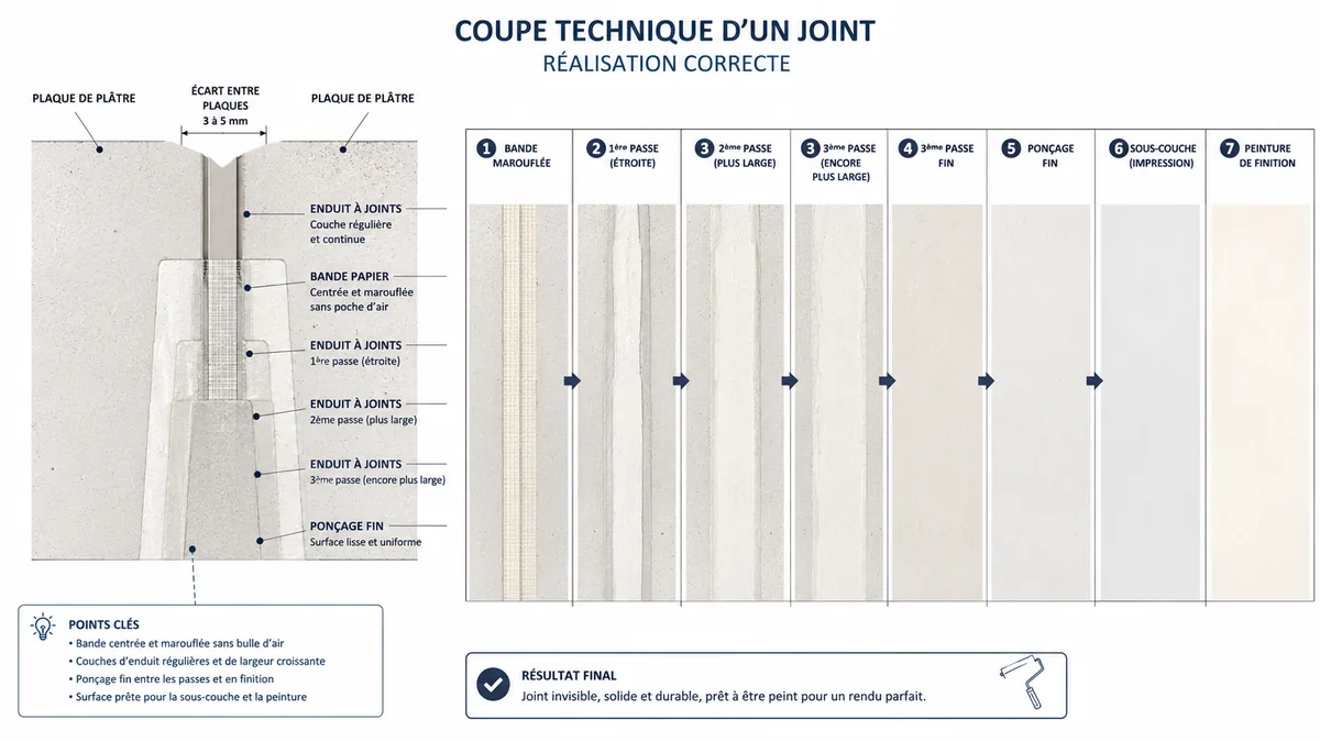 Coupe d'un joint placo avec bande et passes d'enduit