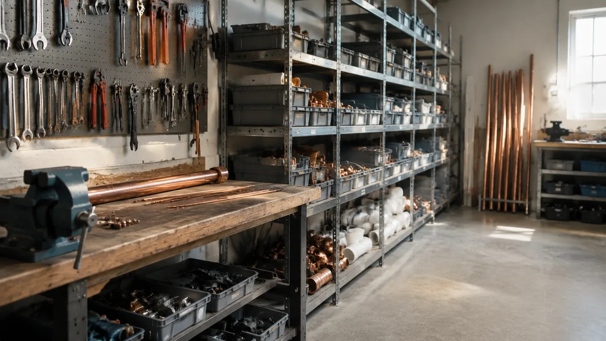 Atelier professionnel avec rayonnage bacs et outils organisés