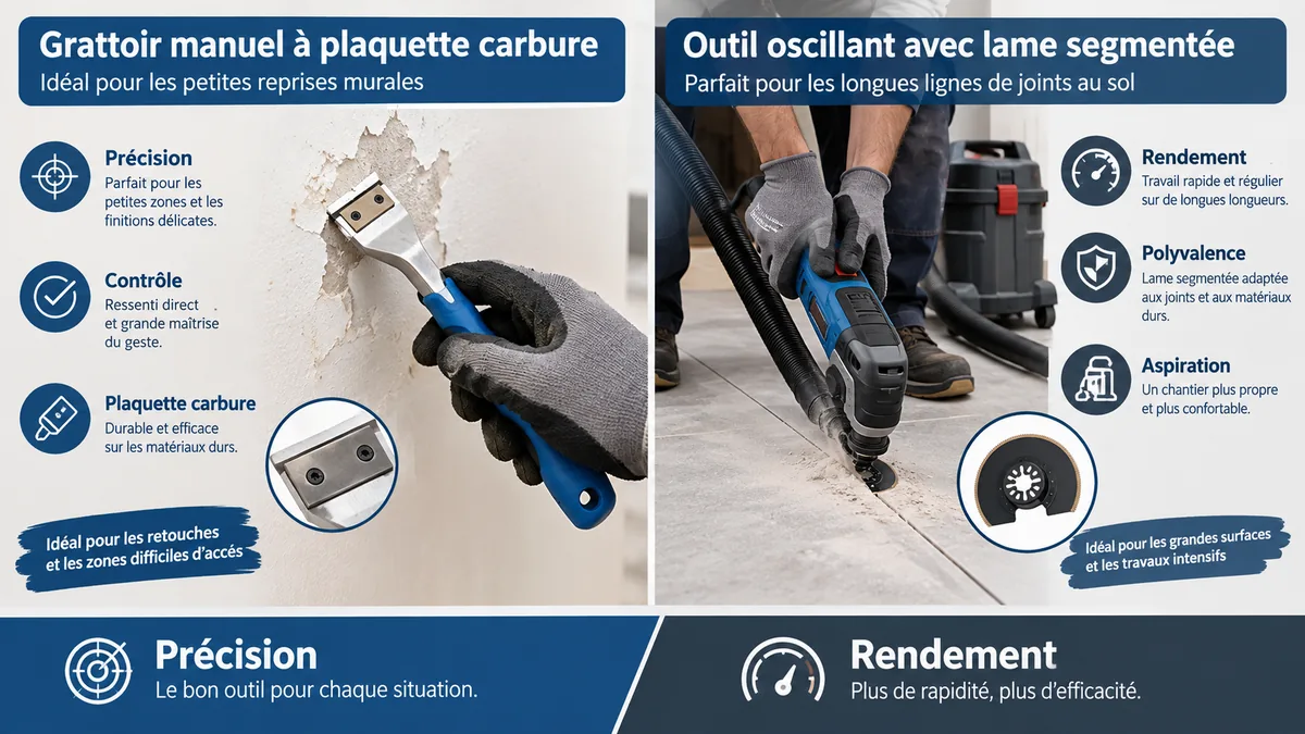 Comparatif grattoir manuel et outil oscillant