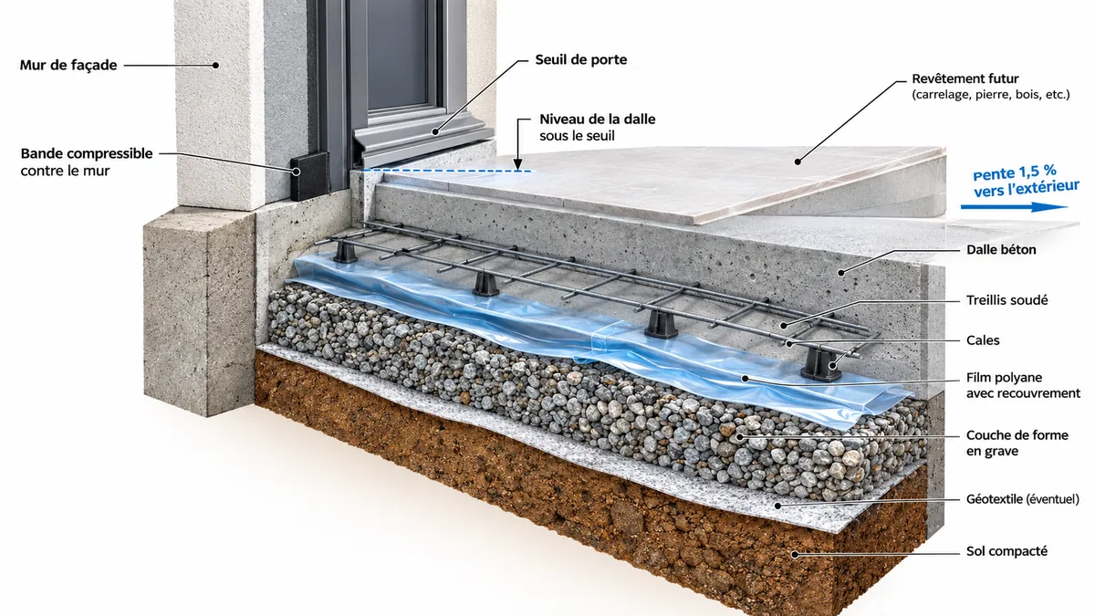 Coupe de dalle terrasse contre façade avec pente