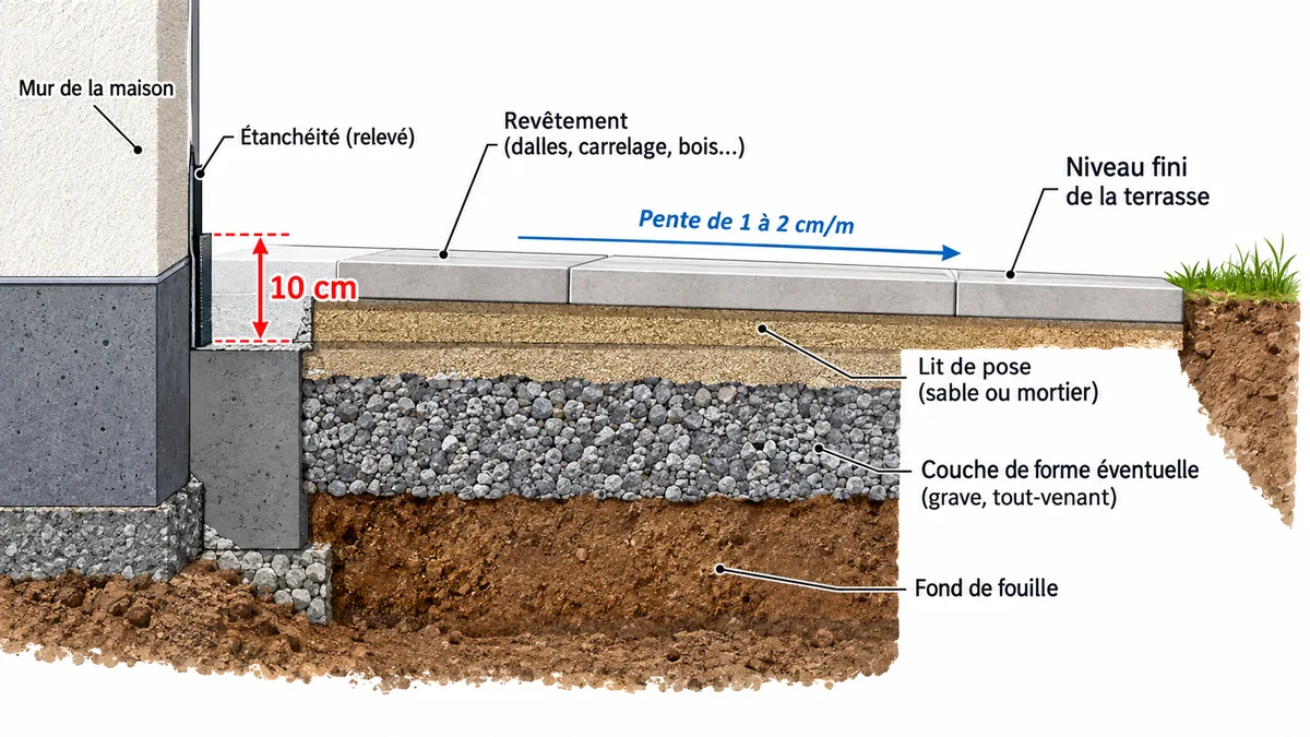 Coupe de terrasse avec cote de décaissement de 10 cm