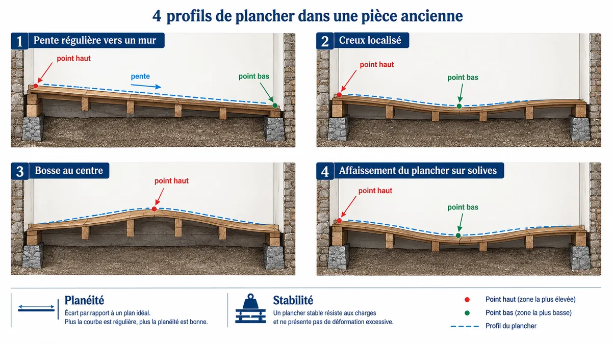 Schéma des défauts d'un plancher ancien irrégulier