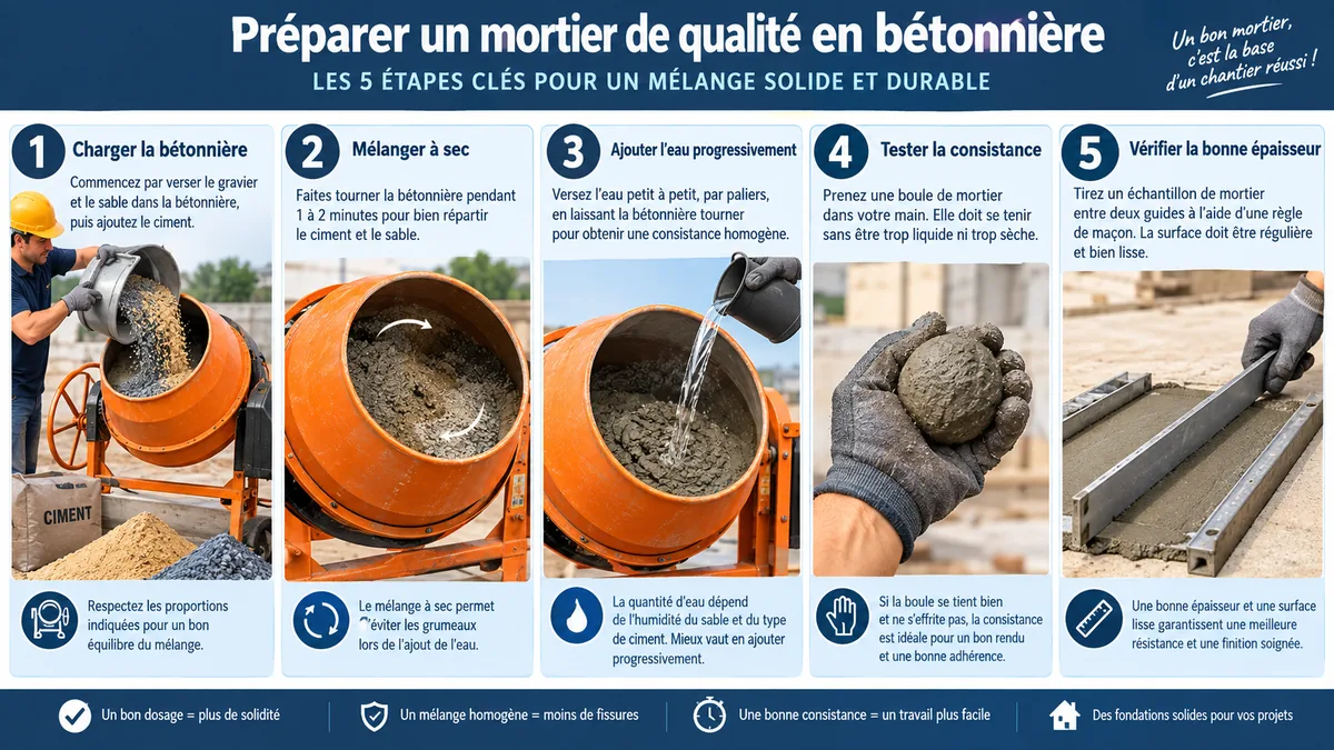 Étapes illustrées du mélange et du tirage d'une chape maigre