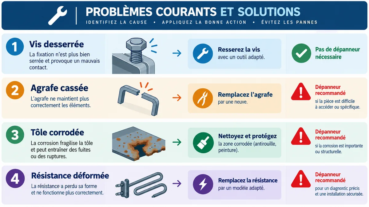 Infographie des causes de chute de résistance de four et actions associées