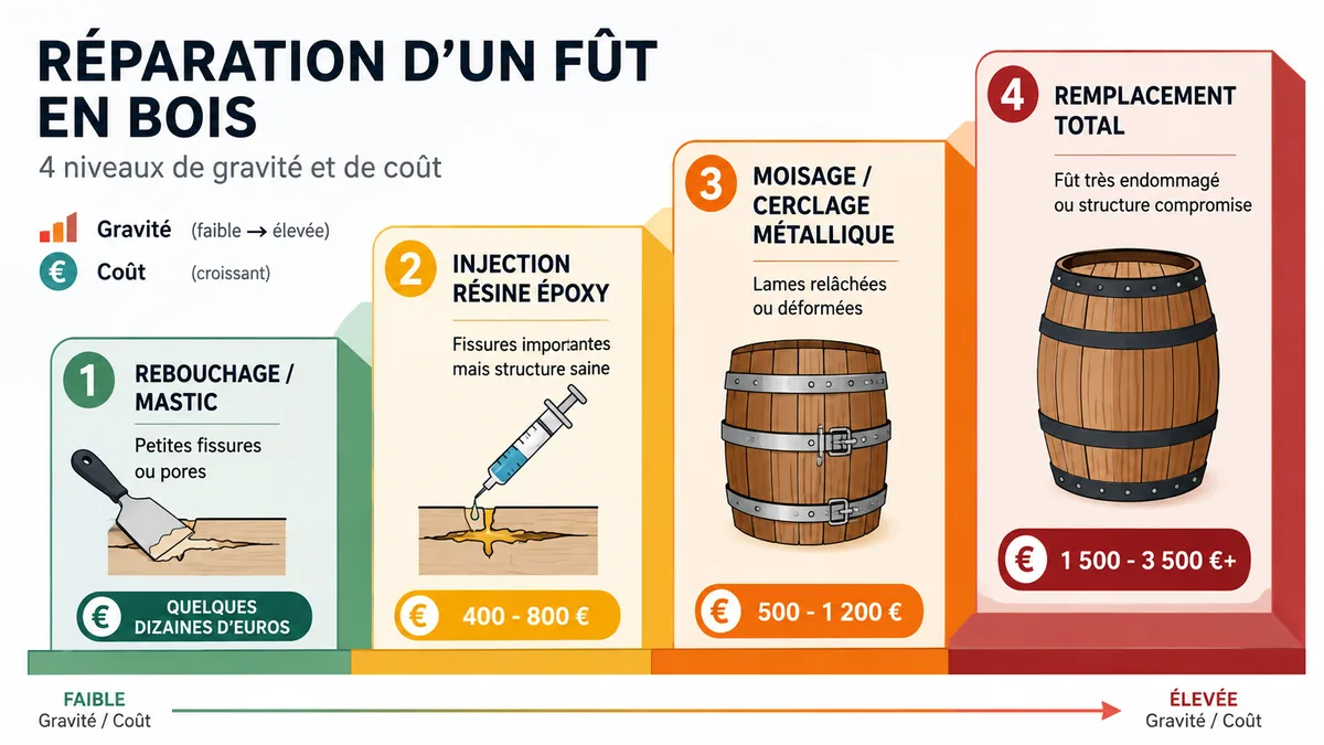 Infographie des 4 niveaux de réparation d'une poutre fissurée avec prix