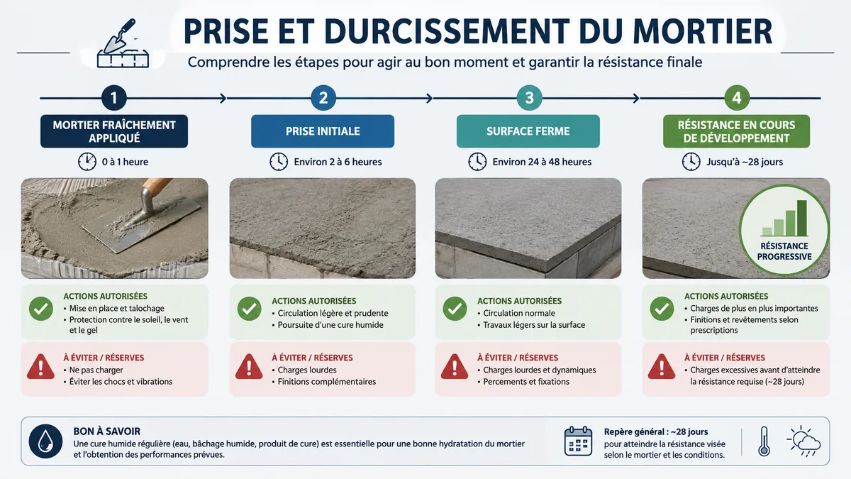 Ligne du temps du séchage et durcissement du mortier extérieur