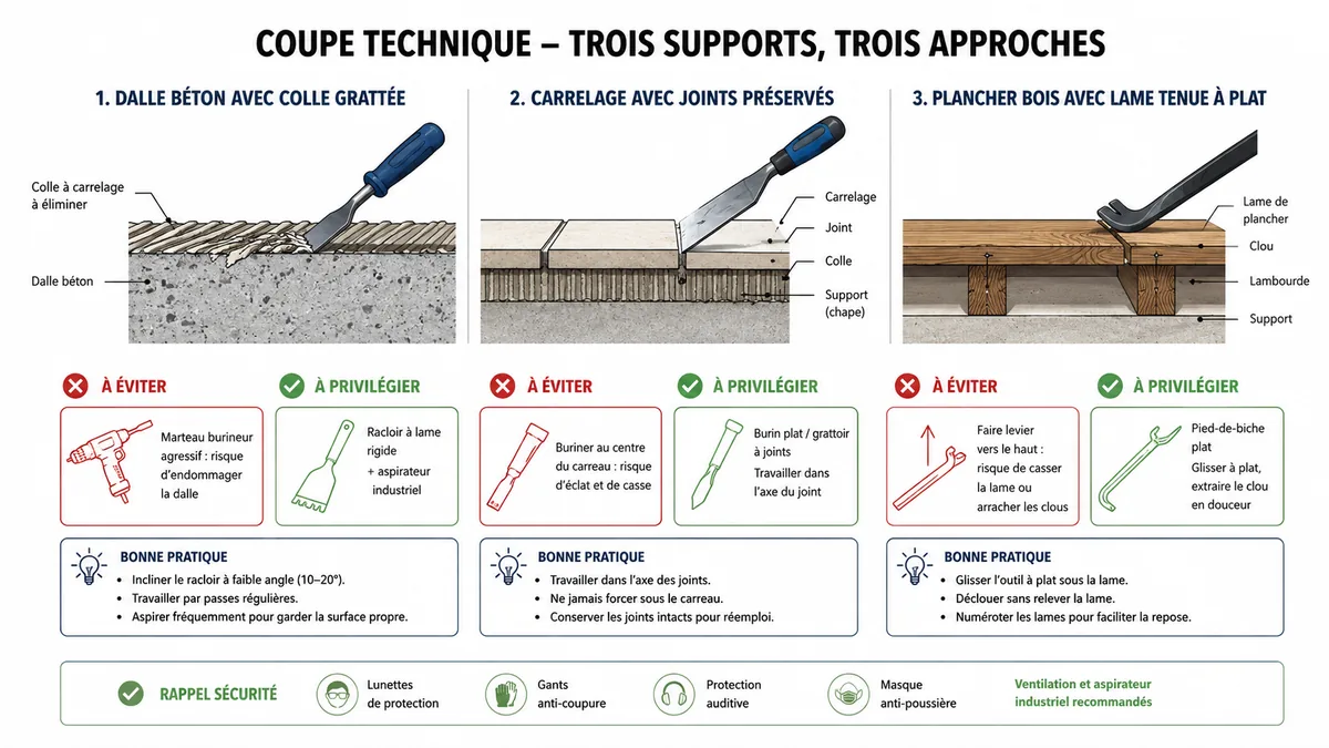 Méthodes de retrait du lino selon le support