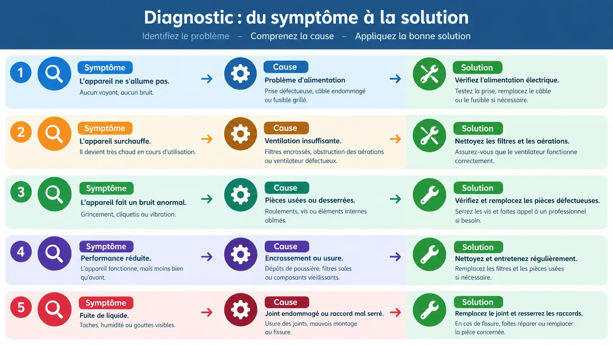 Tableau diagnostic mortier qui s'effrite symptôme cause solution