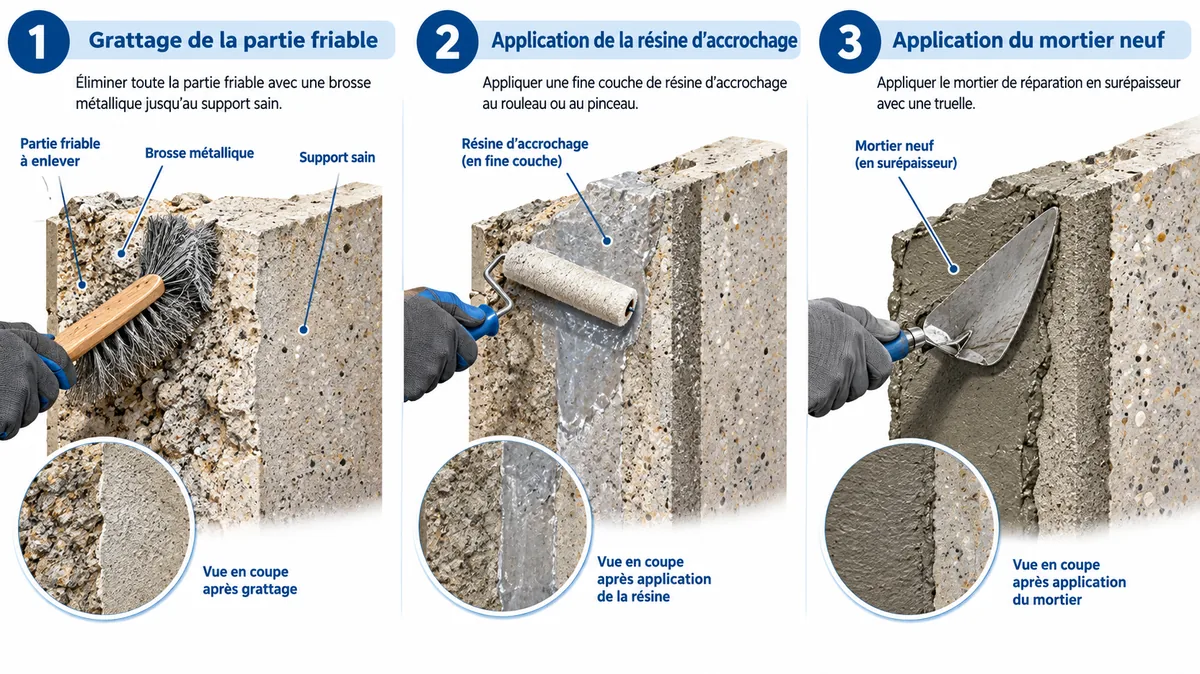 Schéma des 3 étapes pour réparer un mortier qui s'effrite