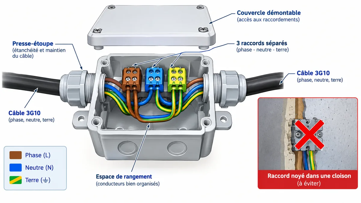 Boîte de dérivation accessible avec raccord de câbles 10 mm²