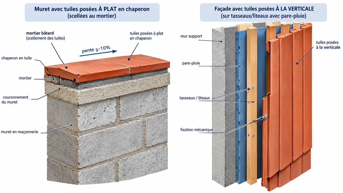 Schéma comparatif pose de tuiles à plat sur muret et pose verticale sur façade