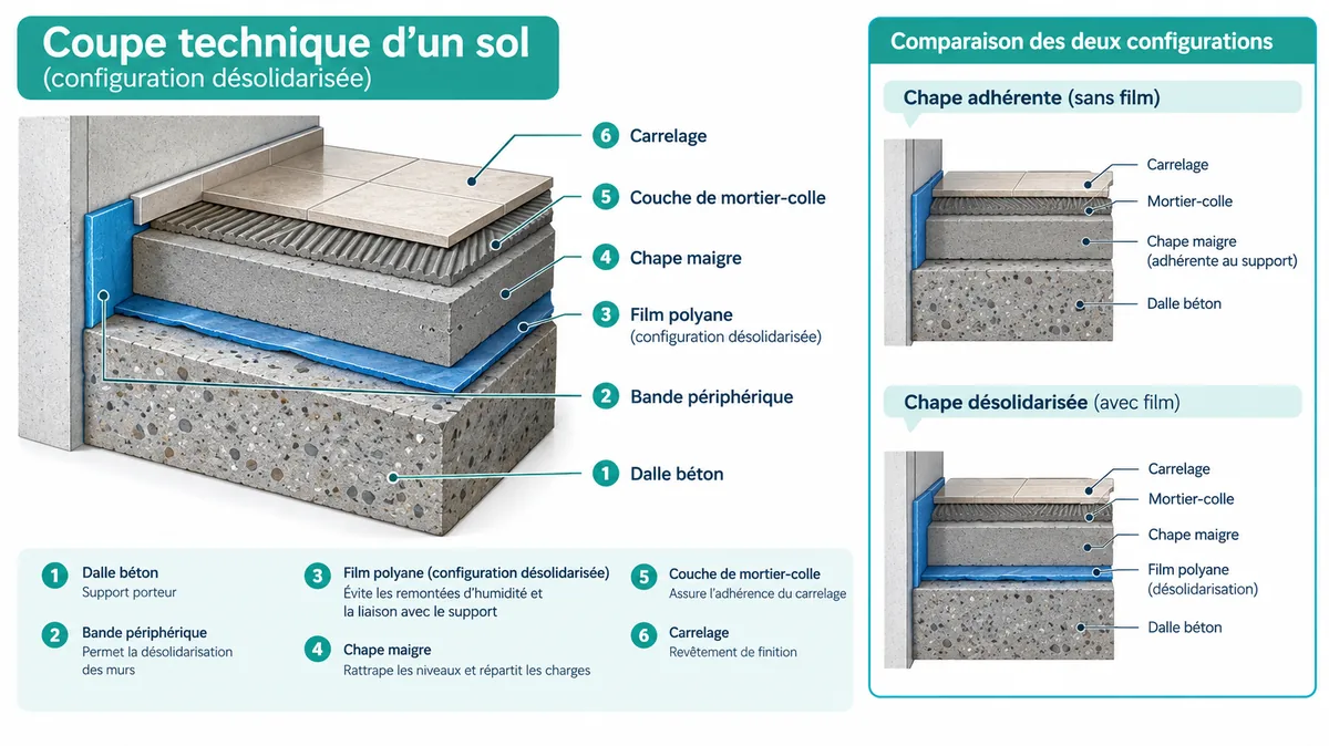Schéma des couches d'une chape maigre adhérente ou désolidarisée