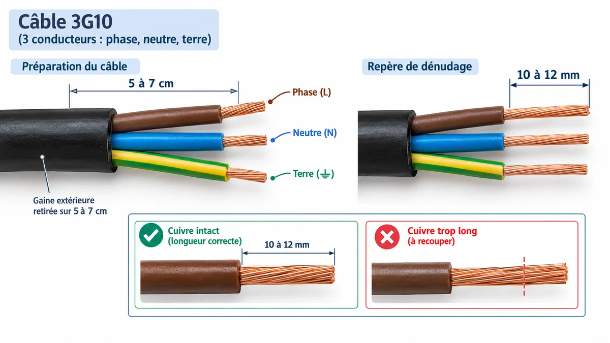 Schéma de dénudage pour deux câbles électriques 10 mm²