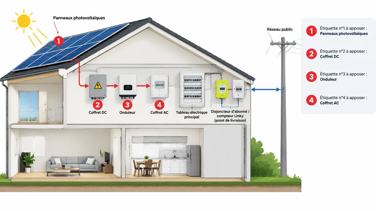 Schéma des 4 emplacements des étiquettes photovoltaïques dans une installation